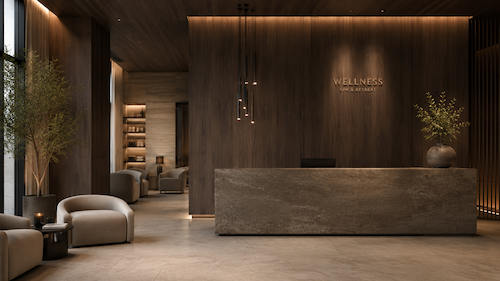 Laminam Ki No Bi Acai – luksusowa recepcja strefy wellness i spa z drewnopodobnym spiekiem kwarcowym na ścianach